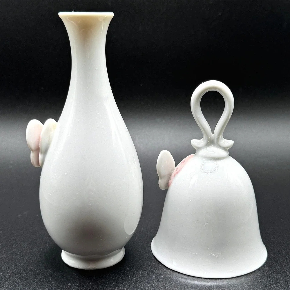 Vintage‎ Japanese Porcelain Butterfly Bell & Bud Vase Set Pink Coquette Floral